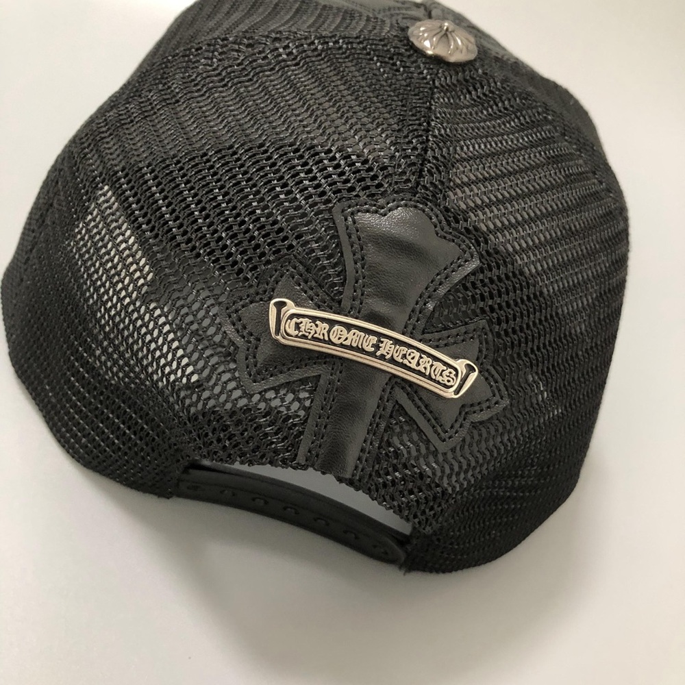 Chrome Hearts Black Trucker Hat with Leather Cross Logo Baseball Cap Women Men - Picture 9 of 14
